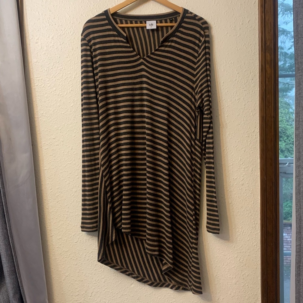 CAbi Tan and Black Striped V-Neck Asymmetrical Dress - Medium